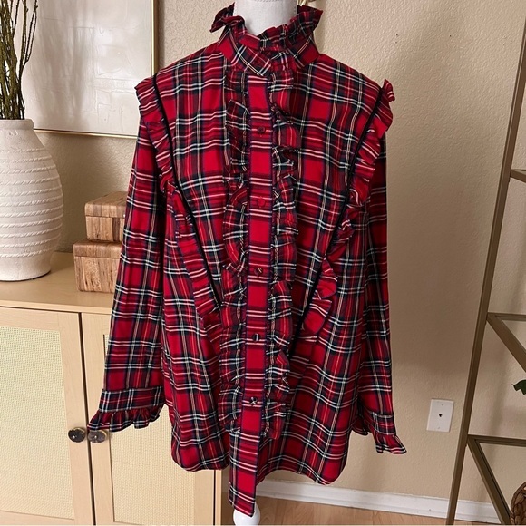 TUCKERNUCK Red Plaid Royal Stewart‎ Tartan Ruffle Reagan Button Size XXL - Picture 6 of 14